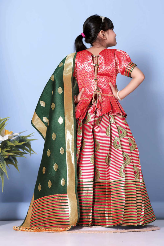 Girls Printed Striped Lehenga Choli and Dupatta Set