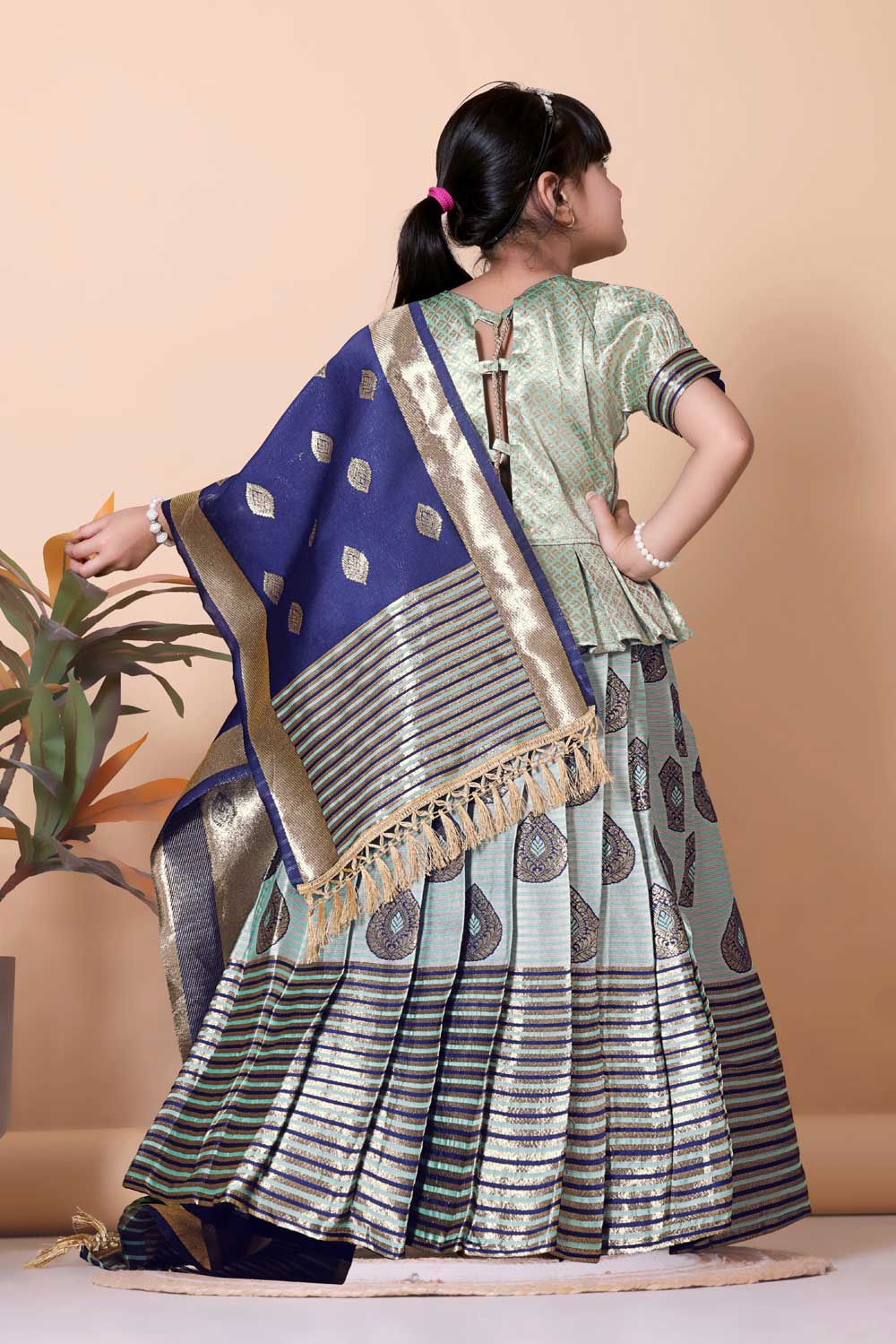 Girls Printed Striped Lehenga Choli and Dupatta Set