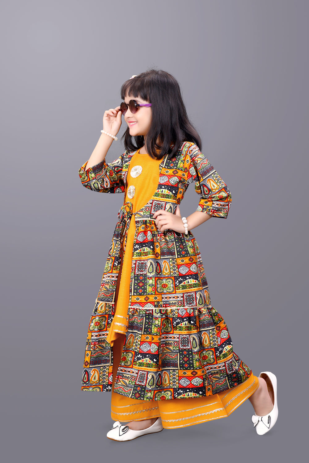 Girls Casual Ethnic Jacket, Kurta and Palazzo Set