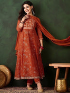 Rust Orange Kurta Set for Women with Dupatta – Festive Ethnic Wear