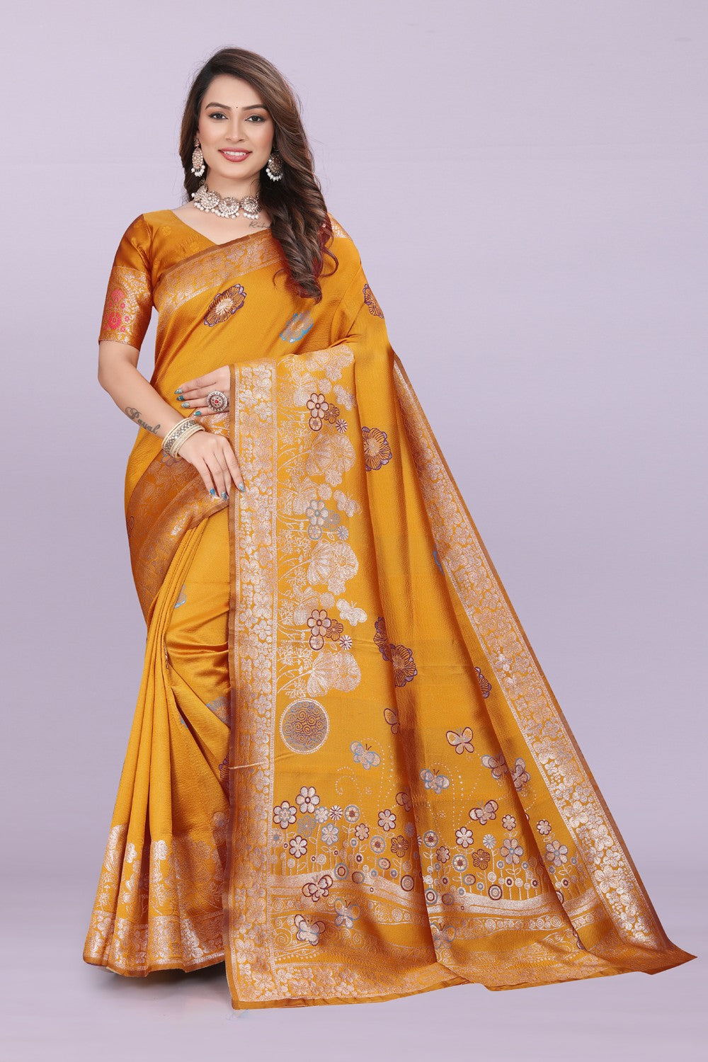 Banarasi Silk Saree with Floral Zari Border – Elegant Wedding & Festive Wear