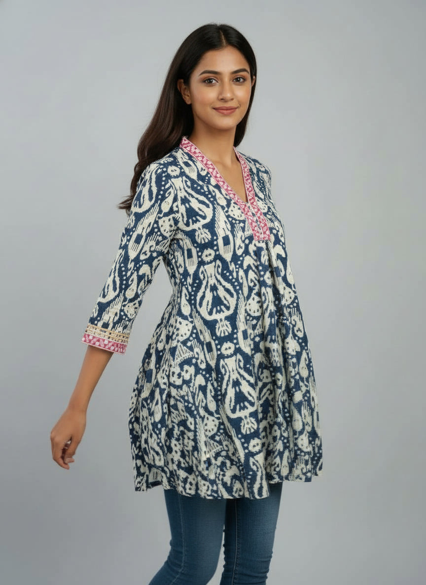 Designer Women’s Tunic Top | Ikat Print A-Line Ethnic Kurti with V-Neck