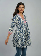 Designer Women’s Tunic Top | Ikat Print A-Line Ethnic Kurti with V-Neck