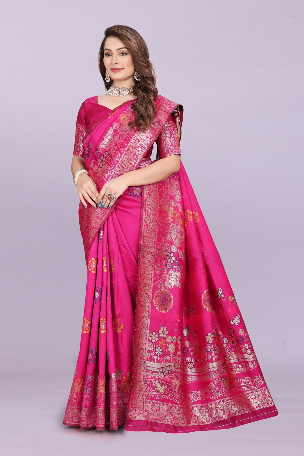 Banarasi Silk Saree with Floral Zari Border – Elegant Wedding & Festive Wear
