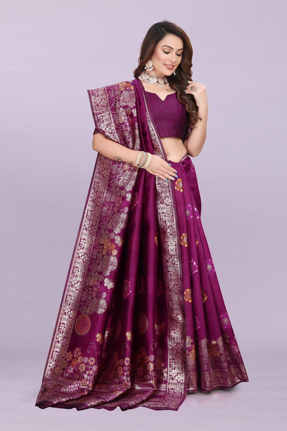 Banarasi Silk Saree with Floral Zari Border – Elegant Wedding & Festive Wear