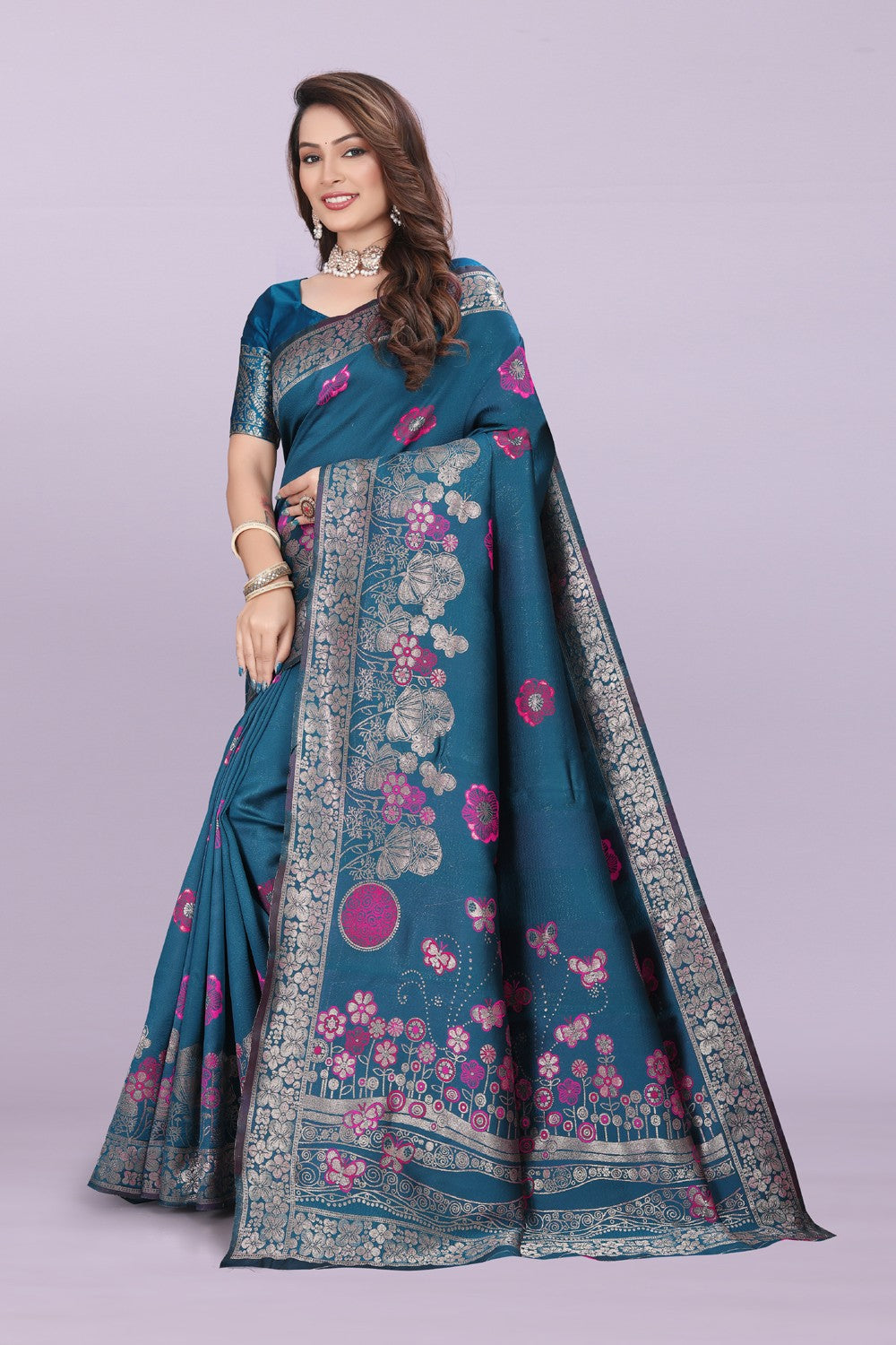 Banarasi Silk Saree with Floral Zari Border – Elegant Wedding & Festive Wear