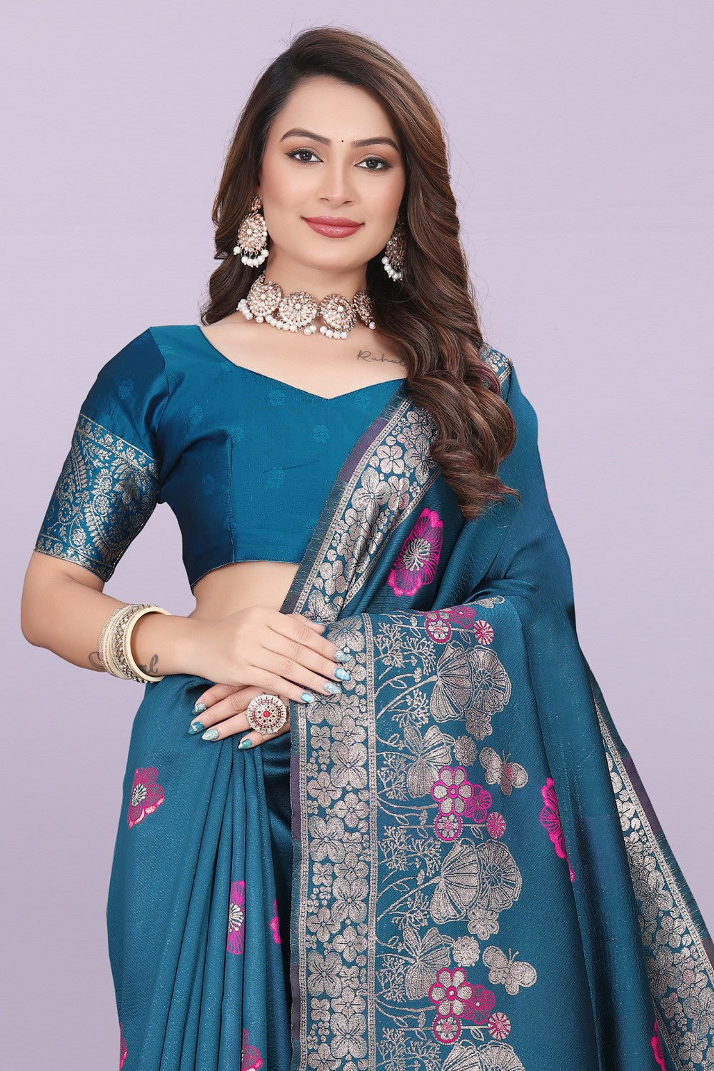 Banarasi Silk Saree with Floral Zari Border – Elegant Wedding & Festive Wear