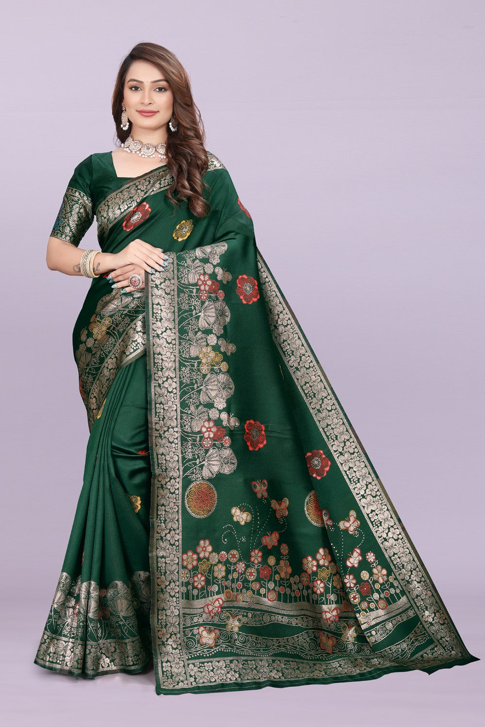 Banarasi Silk Saree with Floral Zari Border – Elegant Wedding & Festive Wear