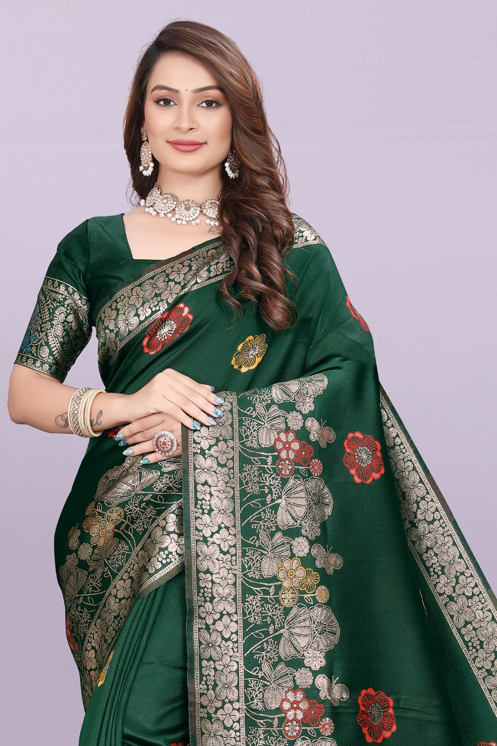 Banarasi Silk Saree with Floral Zari Border – Elegant Wedding & Festive Wear
