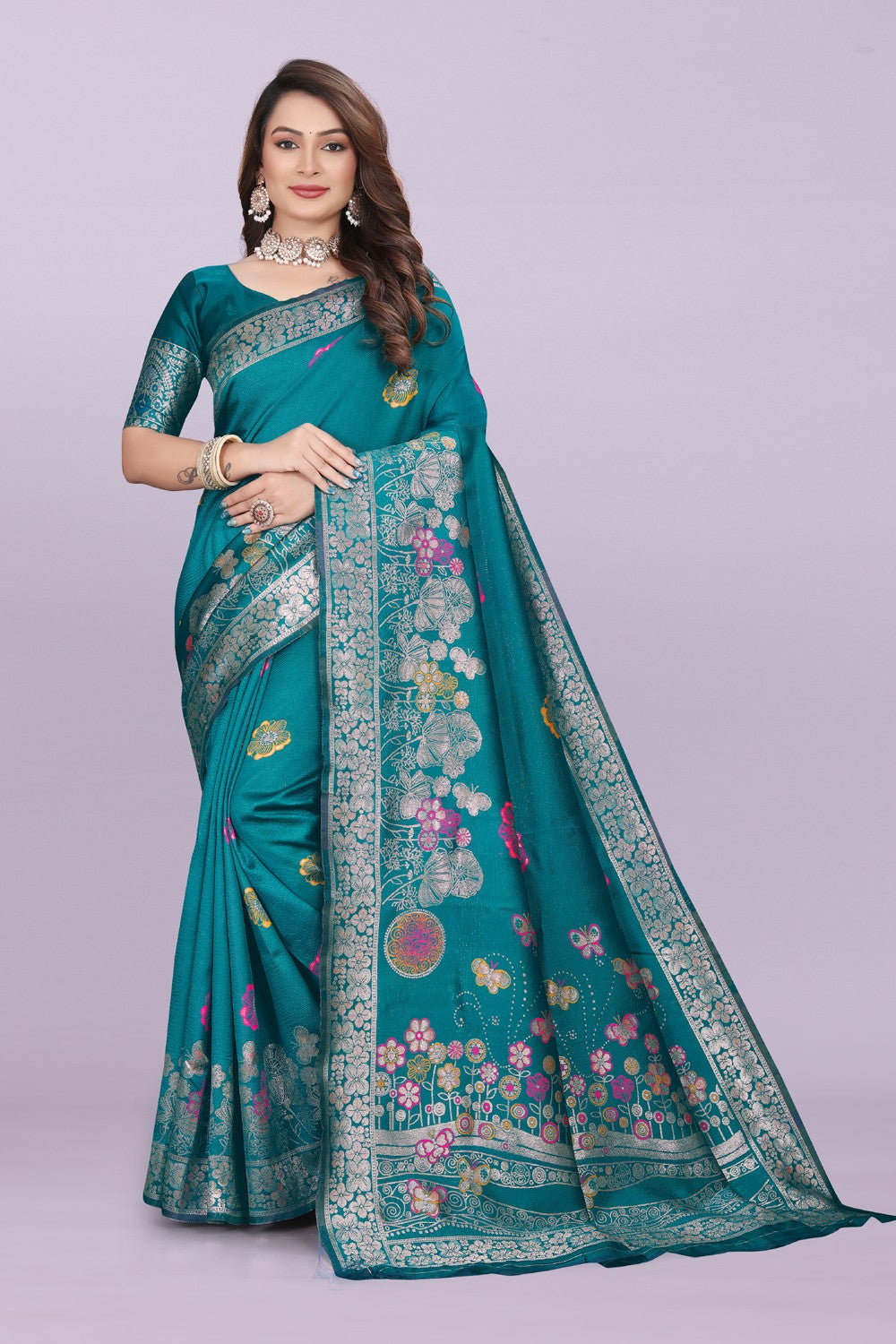 Banarasi Silk Saree with Floral Zari Border – Elegant Wedding & Festive Wear