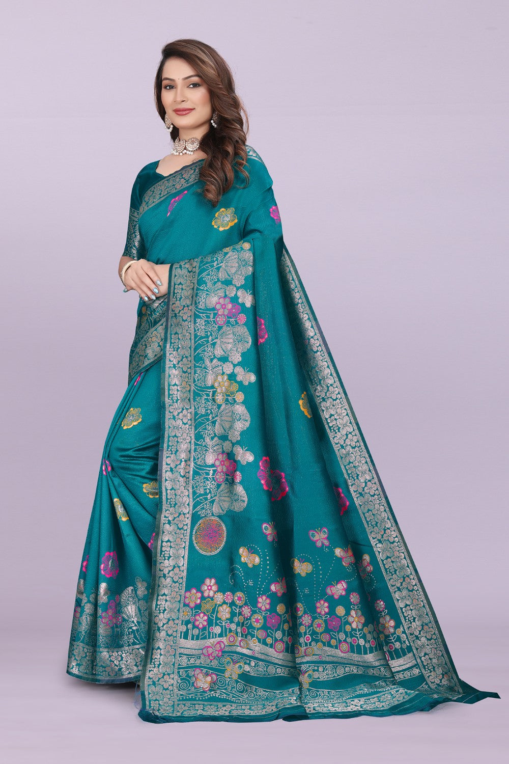 Banarasi Silk Saree with Floral Zari Border – Elegant Wedding & Festive Wear