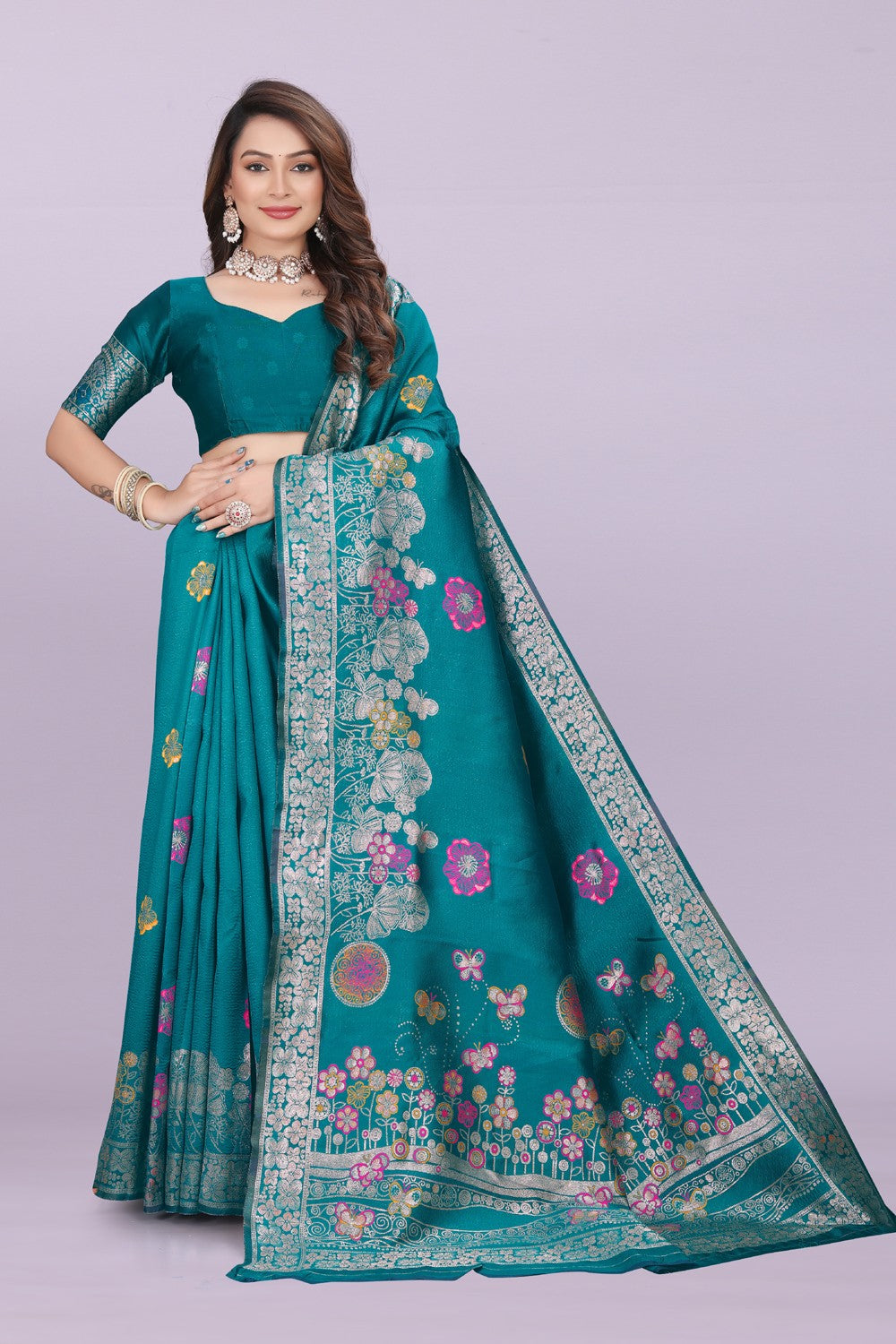Banarasi Silk Saree with Floral Zari Border – Elegant Wedding & Festive Wear