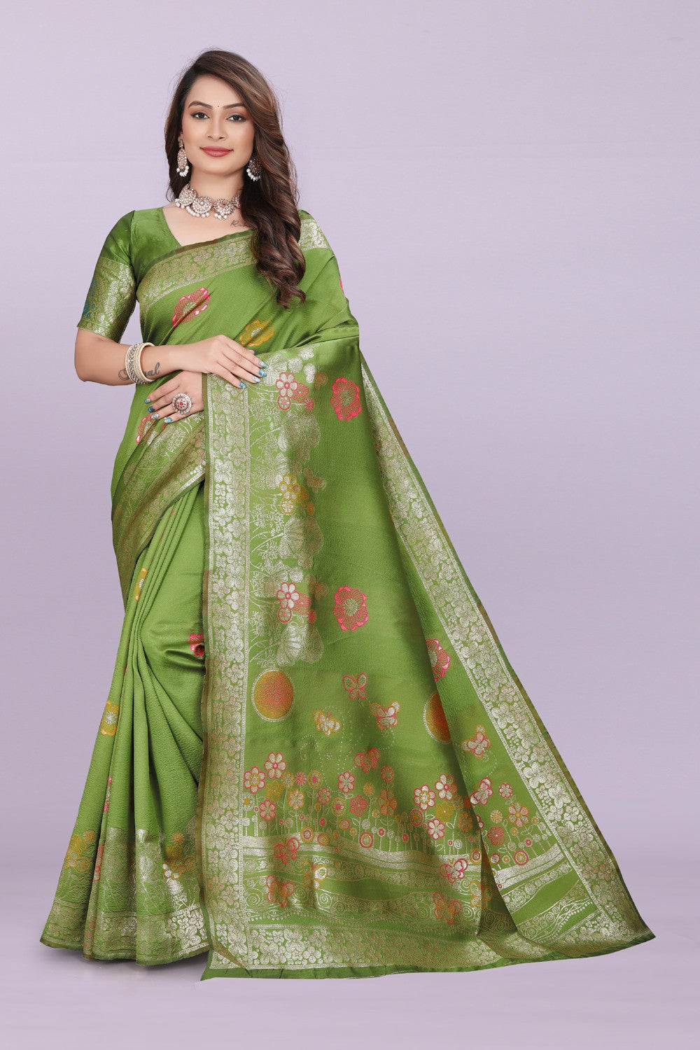 Banarasi Silk Saree with Floral Zari Border – Elegant Wedding & Festive Wear