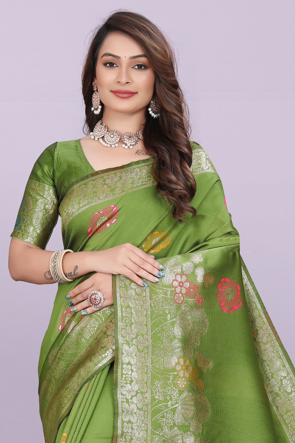 Banarasi Silk Saree with Floral Zari Border – Elegant Wedding & Festive Wear