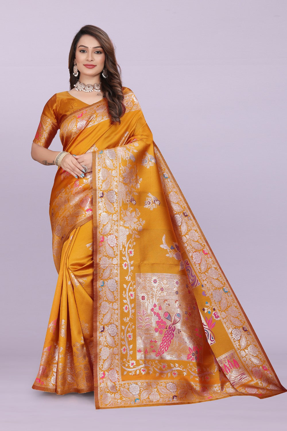 Silk Saree with Peacock Motif & Zari Border – Festive & Wedding Wear for Women