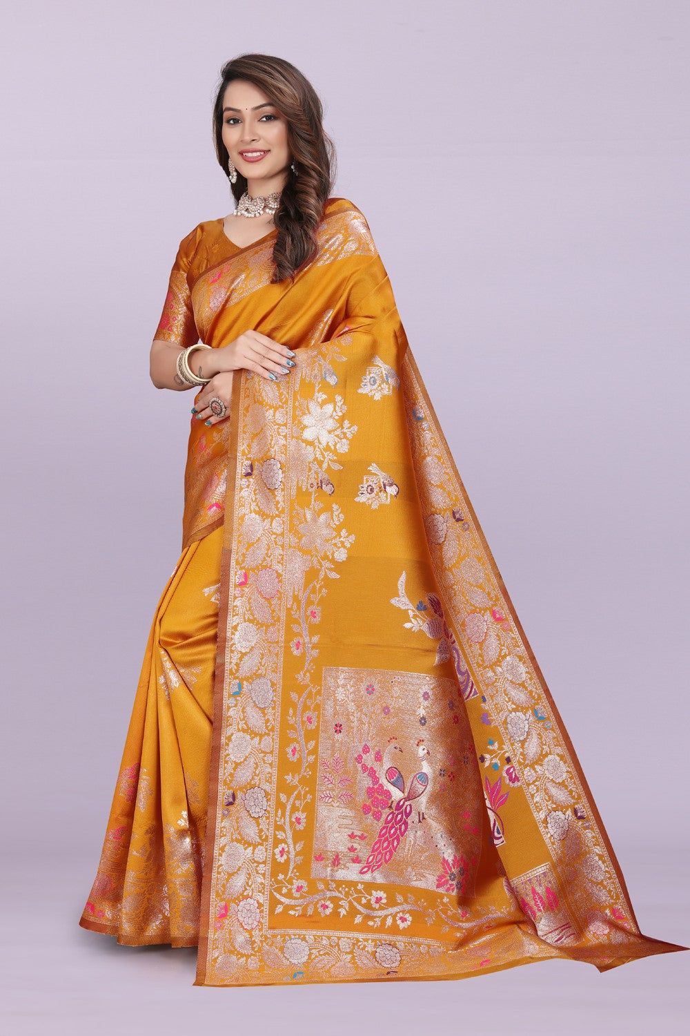 Silk Saree with Peacock Motif & Zari Border – Festive & Wedding Wear for Women