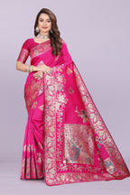 Silk Saree with Peacock Motif & Zari Border – Festive & Wedding Wear for Women