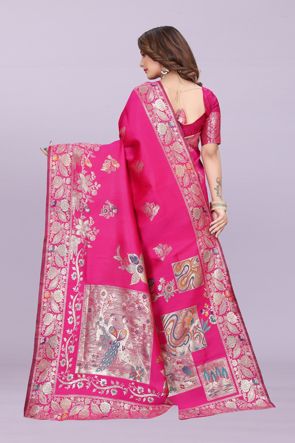 Silk Saree with Peacock Motif & Zari Border – Festive & Wedding Wear for Women