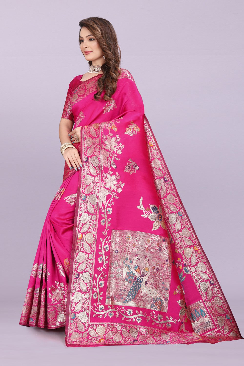 Silk Saree with Peacock Motif & Zari Border – Festive & Wedding Wear for Women