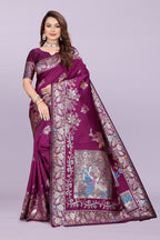 Silk Saree with Peacock Motif & Zari Border – Festive & Wedding Wear for Women