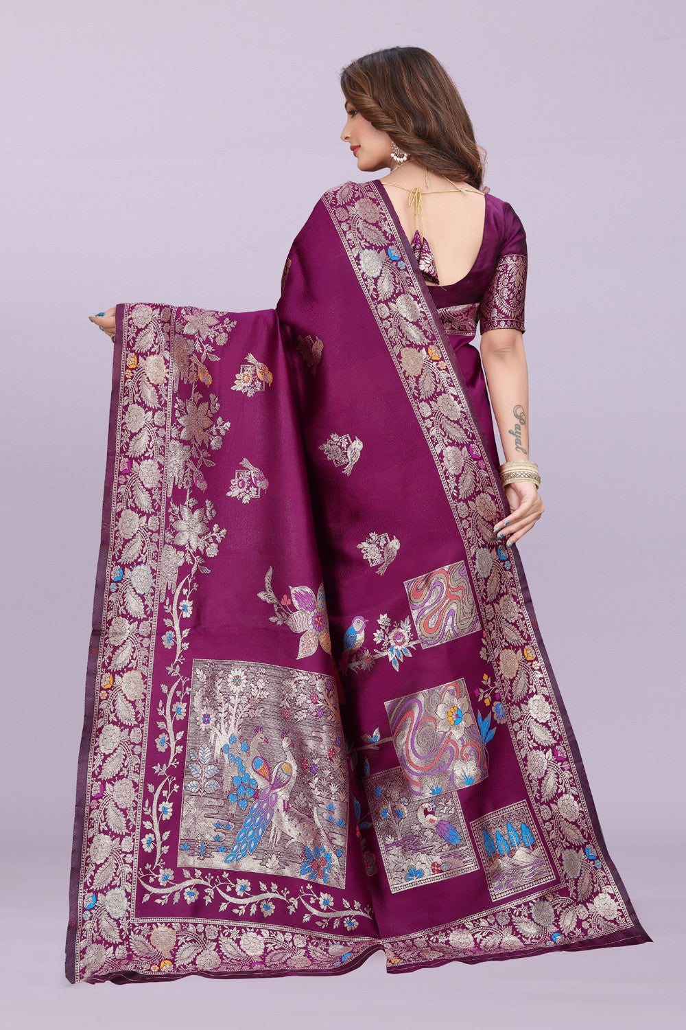 Silk Saree with Peacock Motif & Zari Border – Festive & Wedding Wear for Women