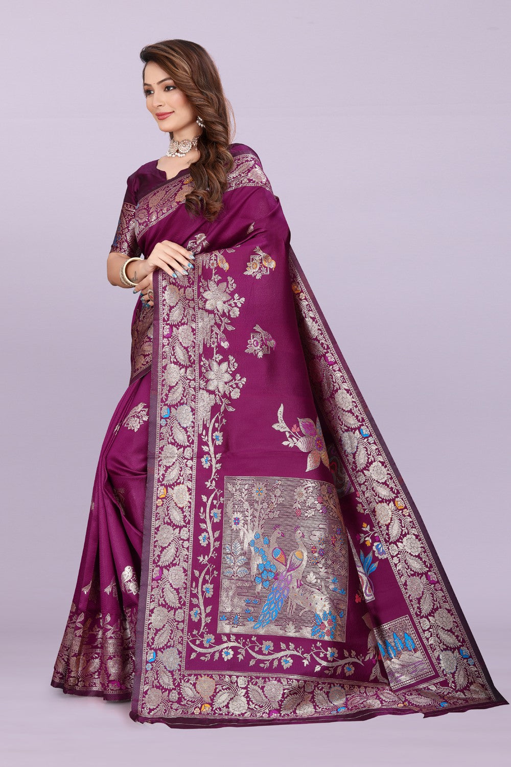 Silk Saree with Peacock Motif & Zari Border – Festive & Wedding Wear for Women