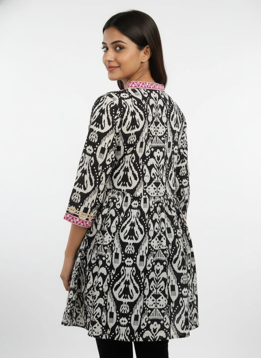 Designer Women’s Tunic Top | Ikat Print A-Line Ethnic Kurti with V-Neck