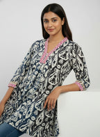 Designer Women’s Tunic Top | Ikat Print A-Line Ethnic Kurti with V-Neck