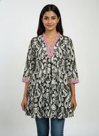 Designer Women’s Tunic Top | Ikat Print A-Line Ethnic Kurti with V-Neck