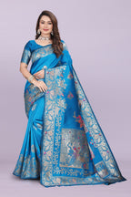 Silk Saree with Peacock Motif & Zari Border – Festive & Wedding Wear for Women