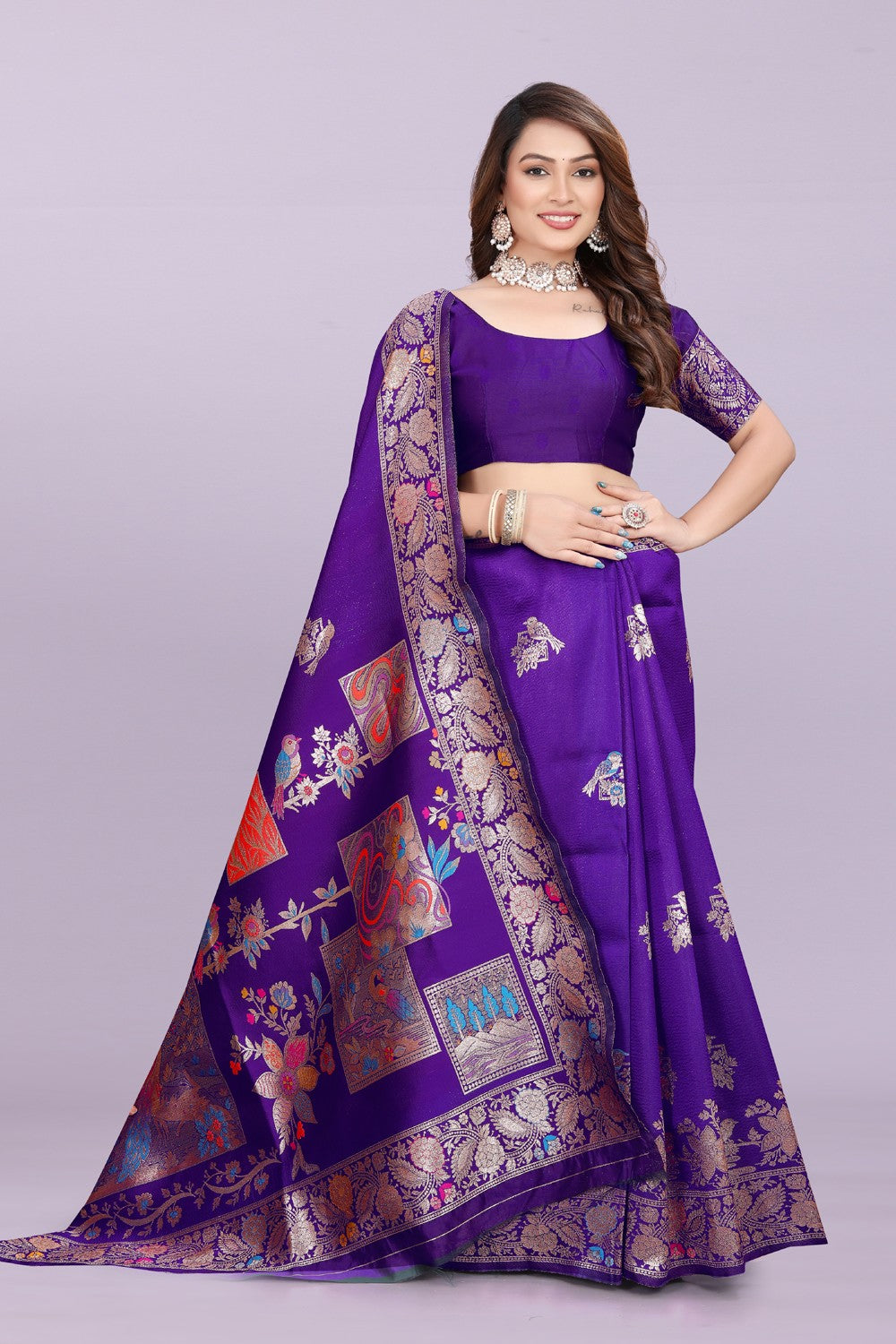 Silk Saree with Peacock Motif & Zari Border – Festive & Wedding Wear for Women