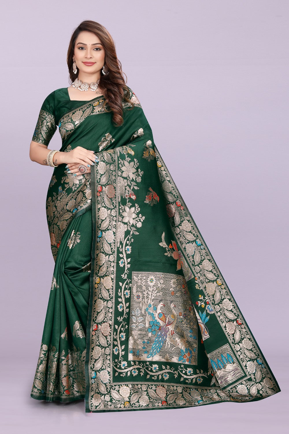 Silk Saree with Peacock Motif & Zari Border – Festive & Wedding Wear for Women