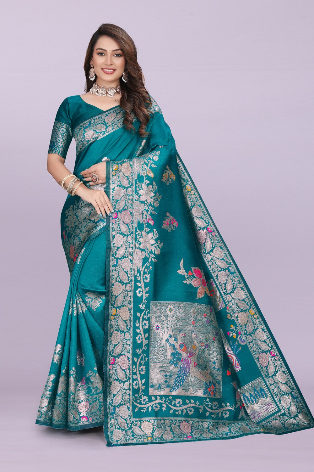 Silk Saree with Peacock Motif & Zari Border – Festive & Wedding Wear for Women