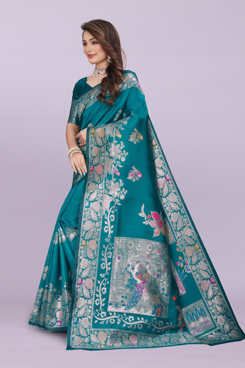 Silk Saree with Peacock Motif & Zari Border – Festive & Wedding Wear for Women