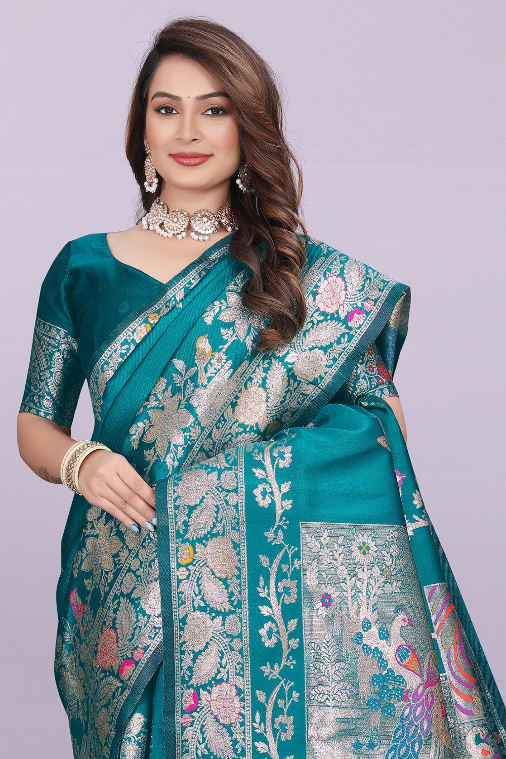 Silk Saree with Peacock Motif & Zari Border – Festive & Wedding Wear for Women