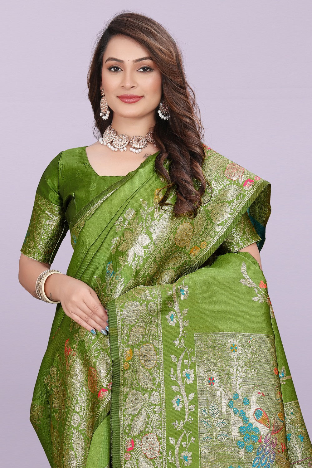 Silk Saree with Peacock Motif & Zari Border – Festive & Wedding Wear for Women