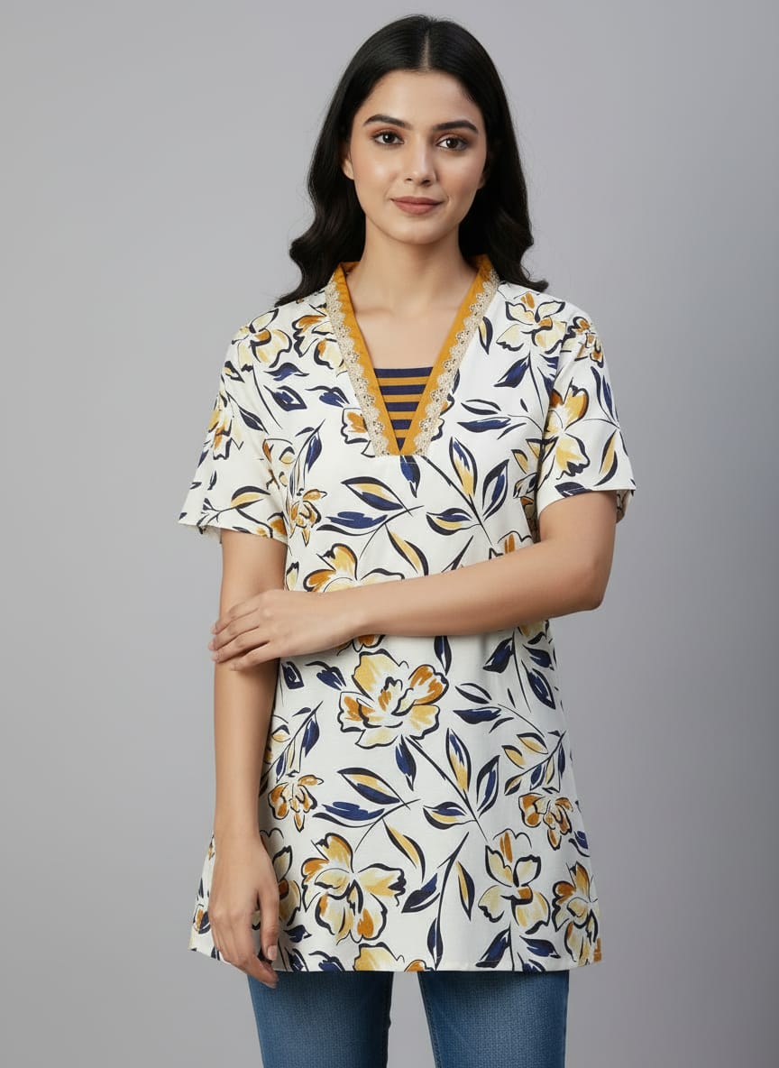 Women’s Floral Print Tunic Top | V-Neck Casual Kurti for Daily Wear
