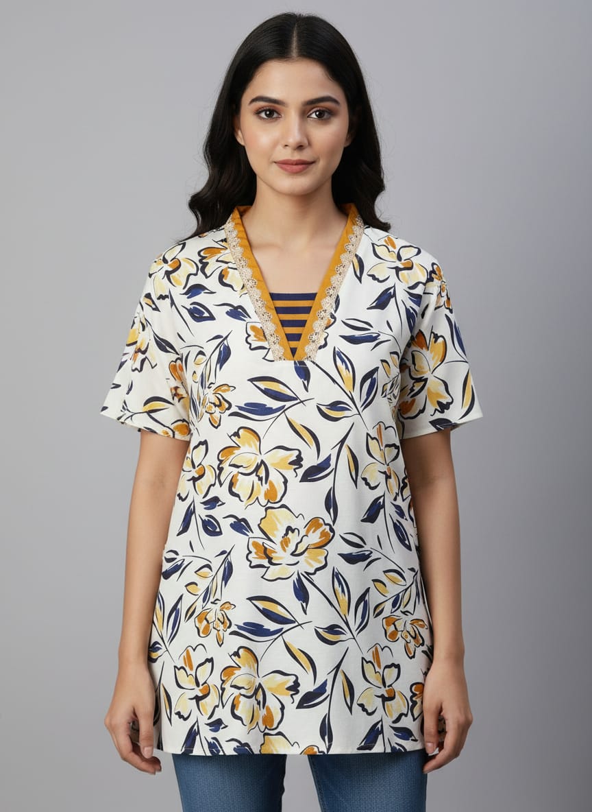 Women’s Floral Print Tunic Top | V-Neck Casual Kurti for Daily Wear