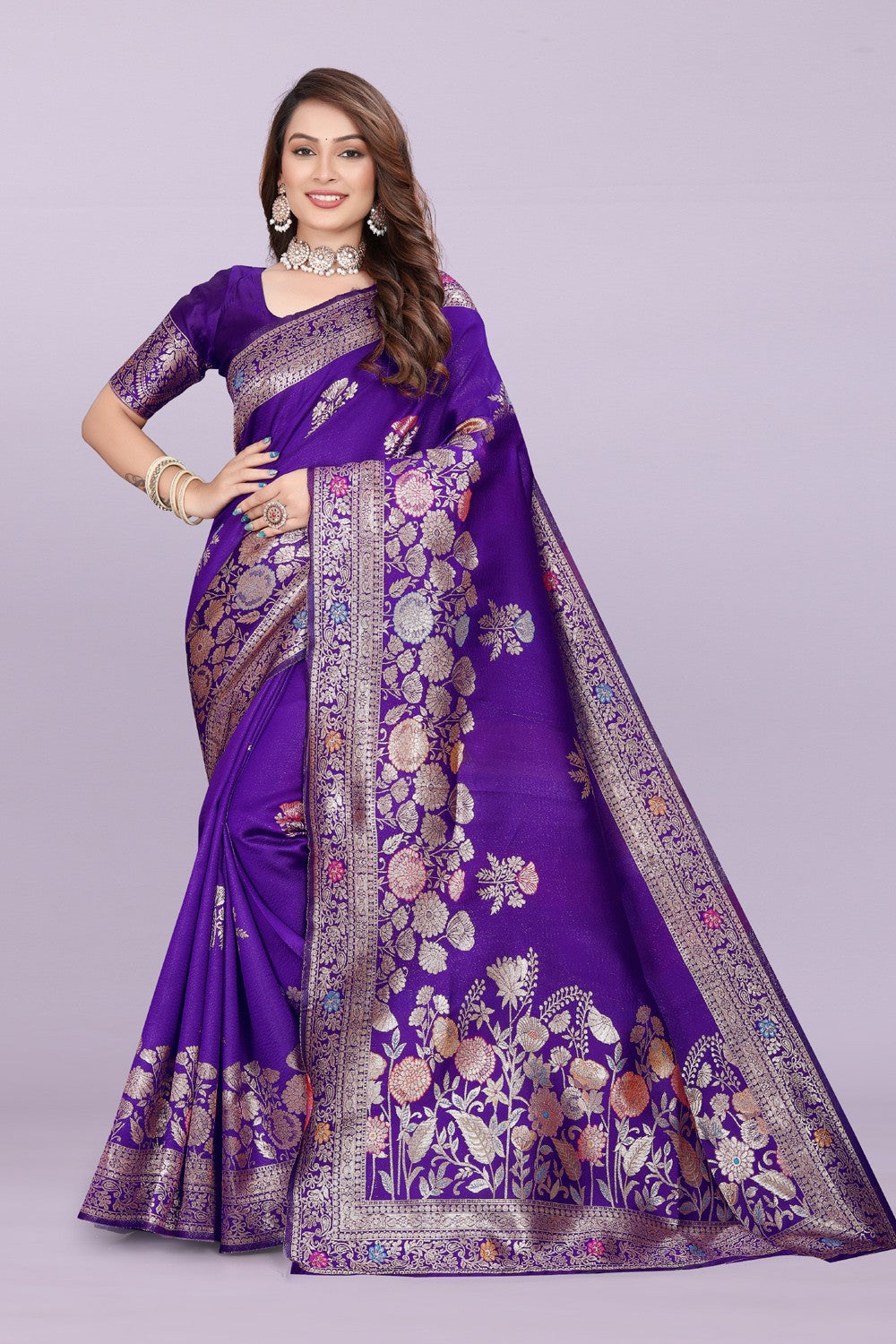 Designer Silk Saree with Floral Motif & Zari Detailing – Party & Festive Wear