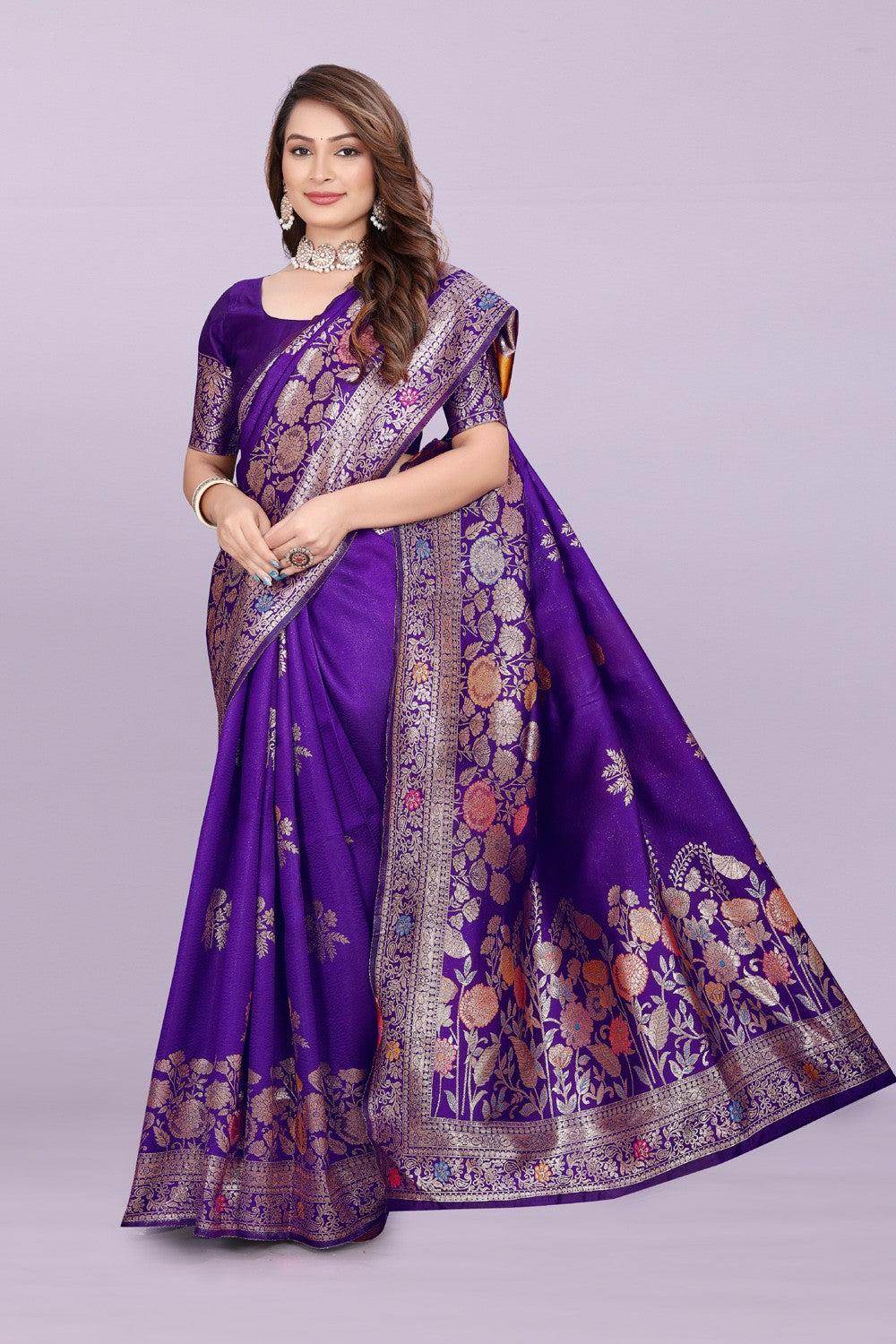 Designer Silk Saree with Floral Motif & Zari Detailing – Party & Festive Wear