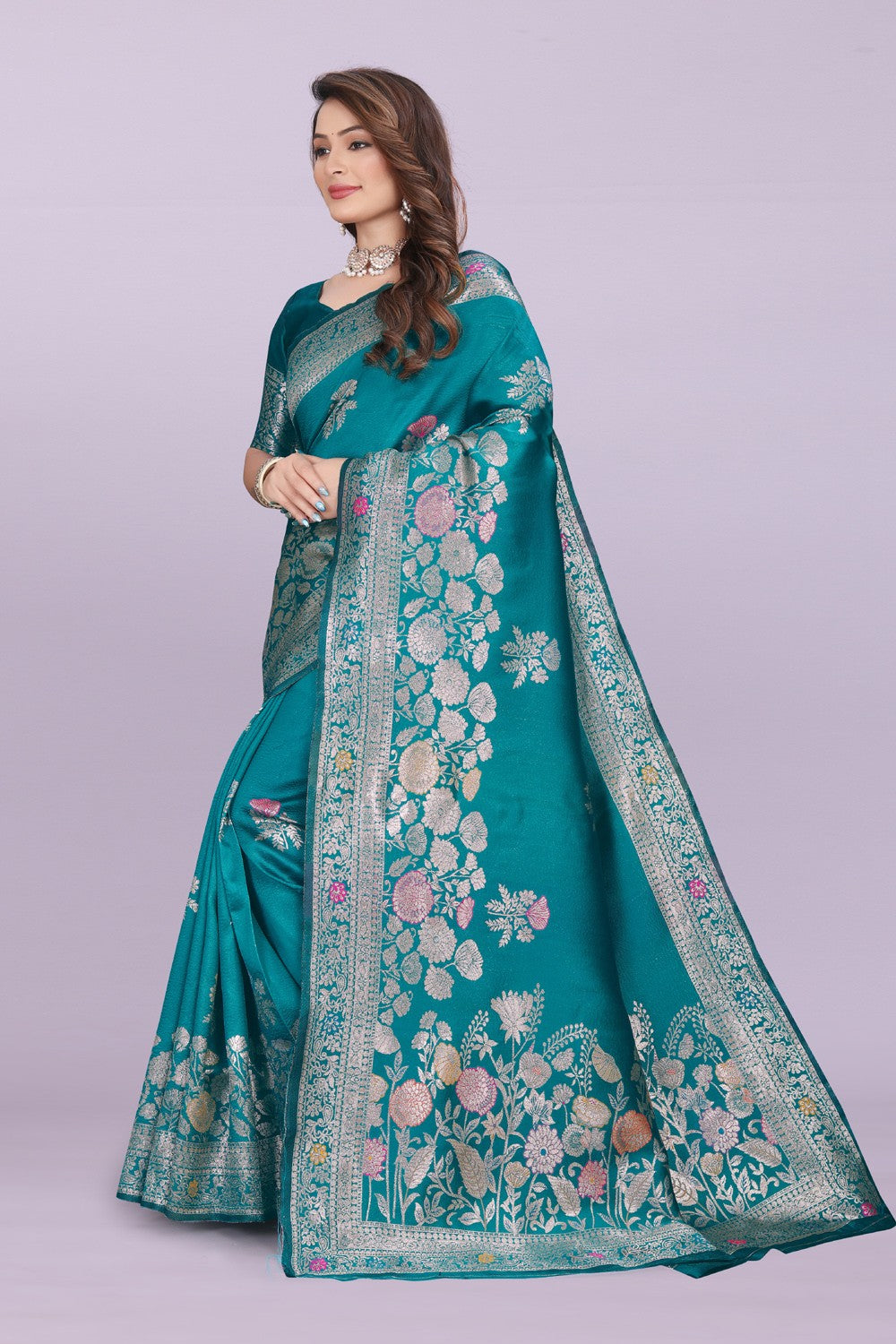 Designer Silk Saree with Floral Motif & Zari Detailing – Party & Festive Wear