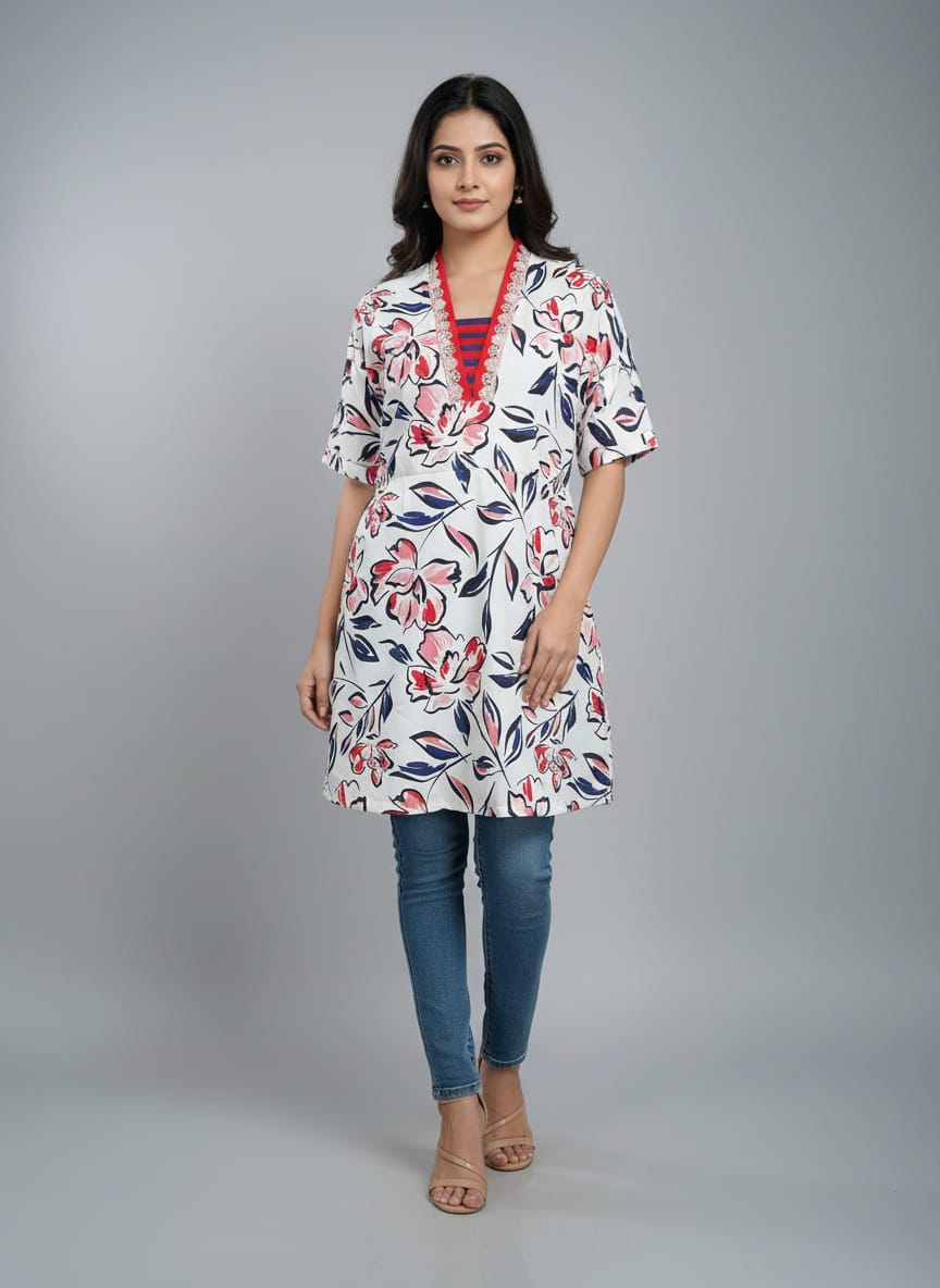 Women’s Floral Print Tunic Top | V-Neck Casual Kurti for Daily Wear