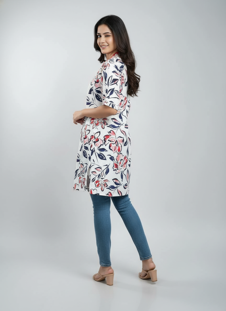 Women’s Floral Print Tunic Top | V-Neck Casual Kurti for Daily Wear