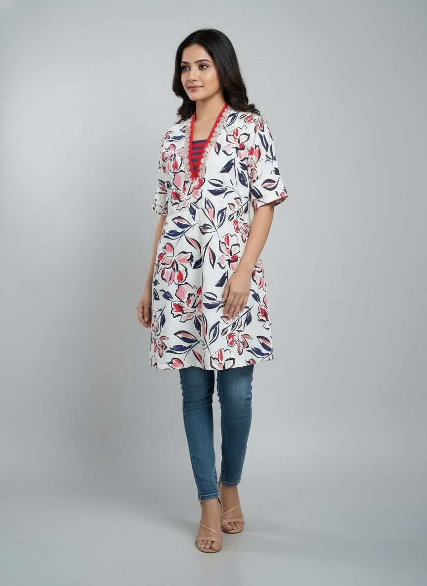 Women’s Floral Print Tunic Top | V-Neck Casual Kurti for Daily Wear