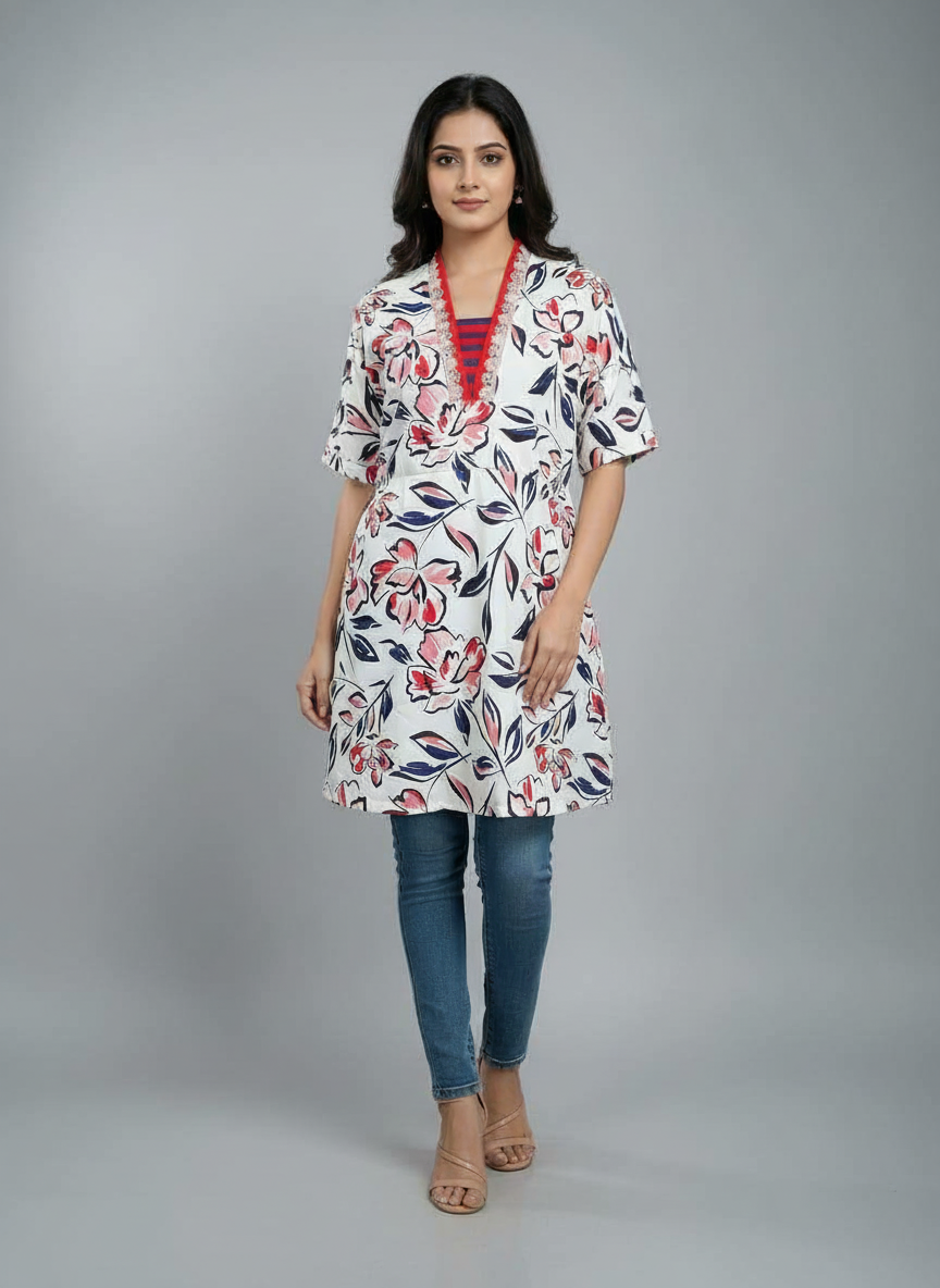 Women’s Floral Print Tunic Top | V-Neck Casual Kurti for Daily Wear