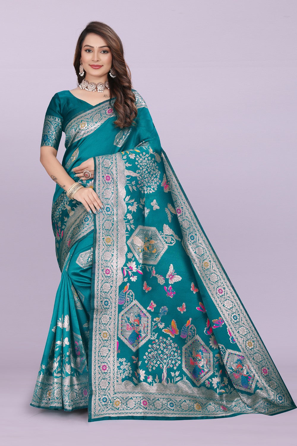 Artistic Woven Silk Saree with Peacock & Heritage Motif Design | Premium Festive & Party Wear