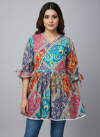 Women’s Patchwork Print Tunic Top | V-Neck A-Line Ethnic Kurti for Casual Wear