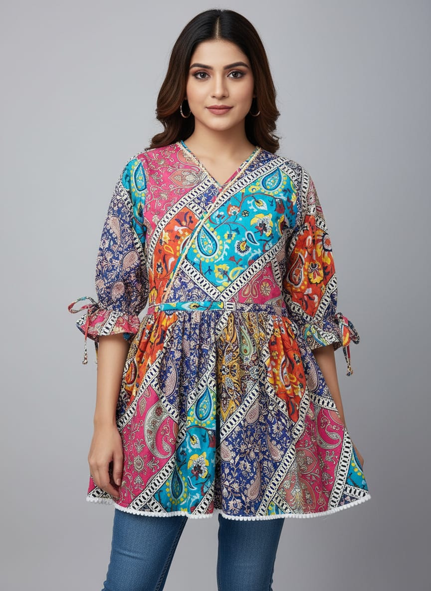 Women’s Patchwork Print Tunic Top | V-Neck A-Line Ethnic Kurti for Casual Wear