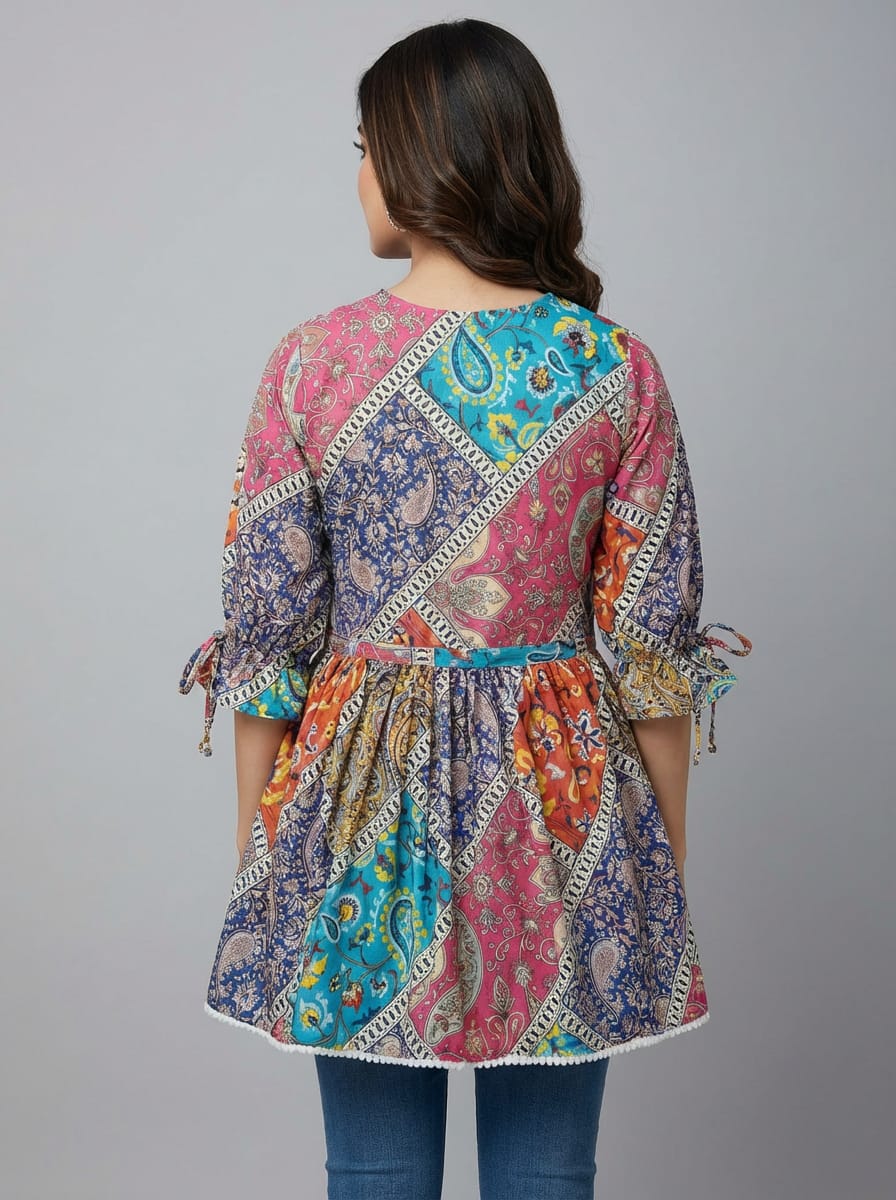 Women’s Patchwork Print Tunic Top | V-Neck A-Line Ethnic Kurti for Casual Wear