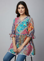 Women’s Patchwork Print Tunic Top | V-Neck A-Line Ethnic Kurti for Casual Wear